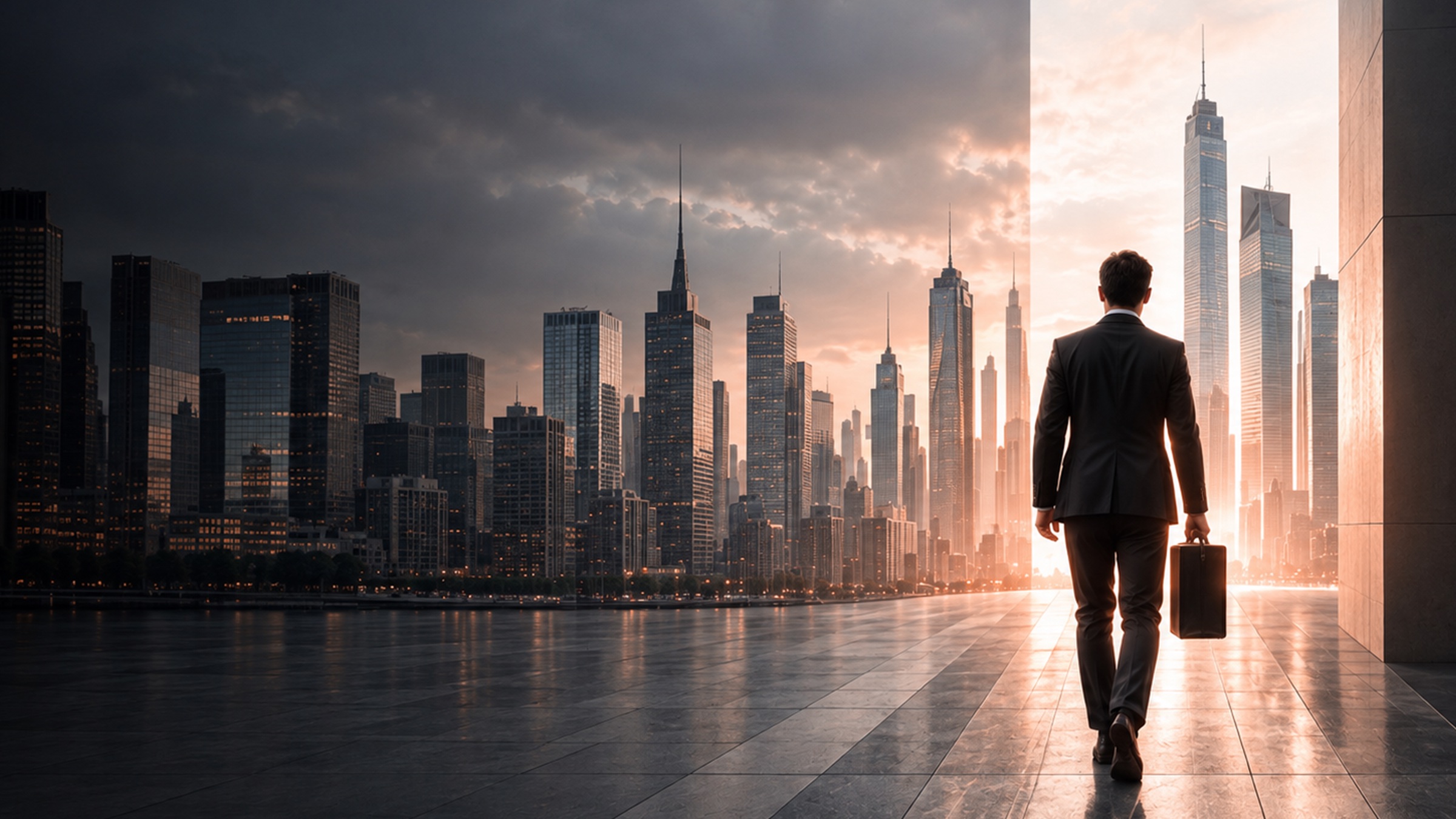 Business leader approaching a modern city skyline